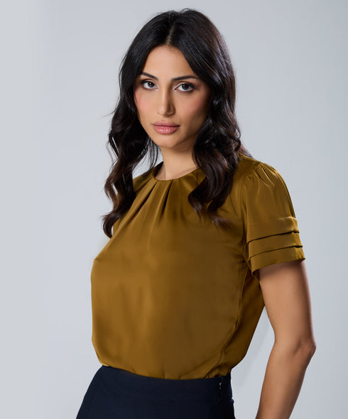 Neck And Sleeve Pleated  Brown Top